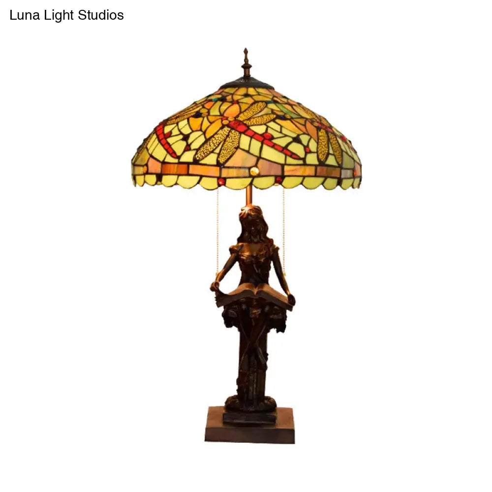 Dragonfly-Edge Night Light Tiffany Table Lamp - 2-Head Yellow/Orange/Green Cut Glass With Pull Chain