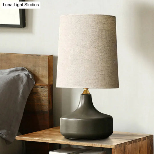 Rustic Table Lamp With Cylinder Fabric Shade - Grey/White Grey