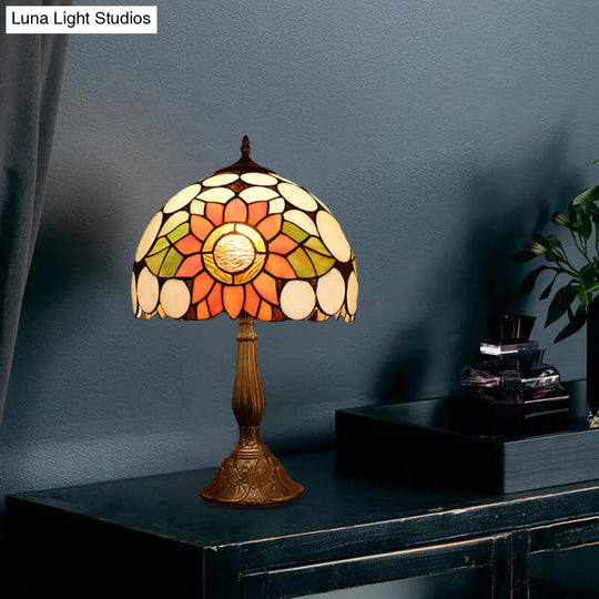 1-Head Bronze Mediterranean Nightstand Lamp With Hand-Cut Glass Shade And Sunflower Pattern