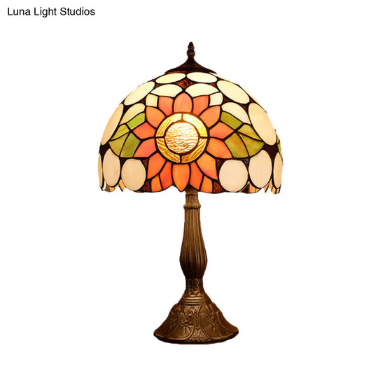 1-Head Bronze Mediterranean Nightstand Lamp With Hand-Cut Glass Shade And Sunflower Pattern