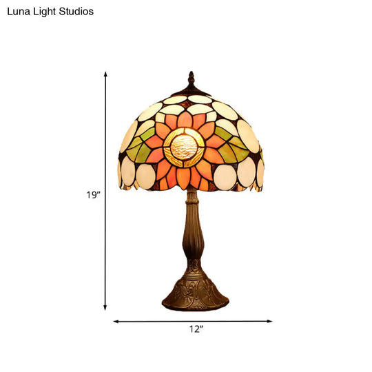 1-Head Bronze Mediterranean Nightstand Lamp With Hand-Cut Glass Shade And Sunflower Pattern