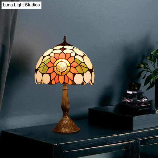 Nicole - Hand Cut Glass Domed Shade Nightstand Lamp Bronze Sunflower Pattern