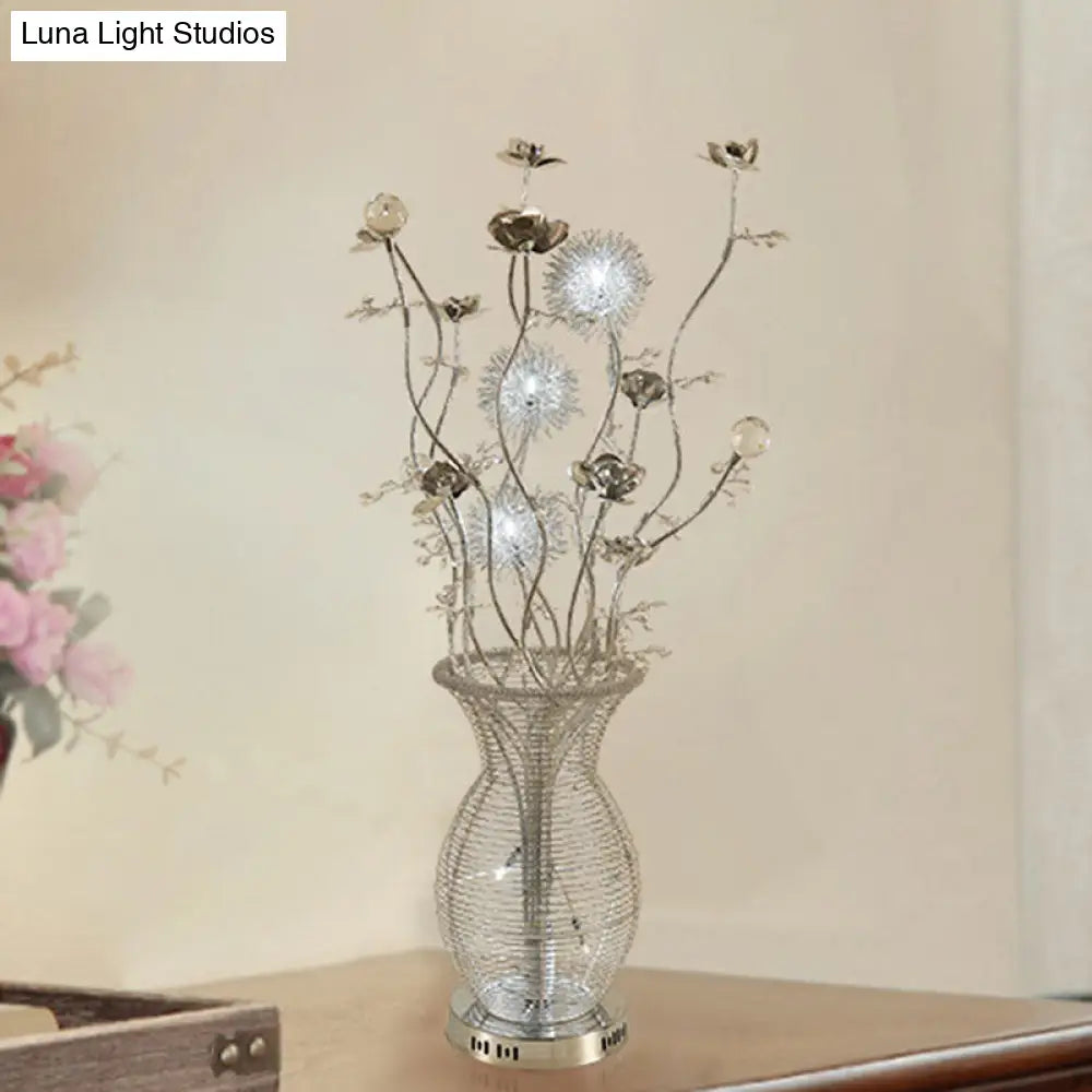 Metallic Urn-Style Swing Arm Led Nightstand Lamp With Flower Design - Silver