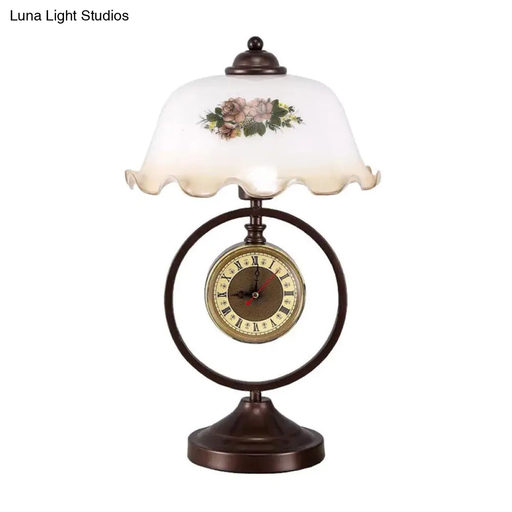 Vintage Opaline Glass Dome Table Lamp With Rustic Design & Clock