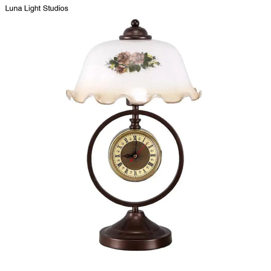 Vintage Opaline Glass Dome Table Lamp With Rustic Design & Clock