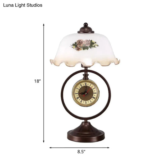 Vintage Opaline Glass Dome Table Lamp With Rustic Design & Clock