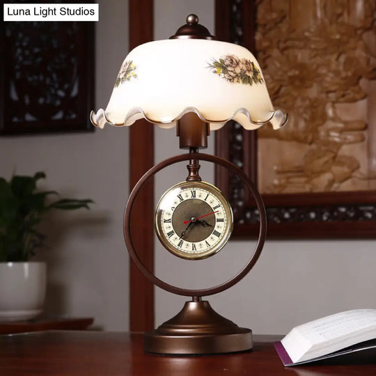 Vintage Opaline Glass Dome Table Lamp With Rustic Design & Clock Rust