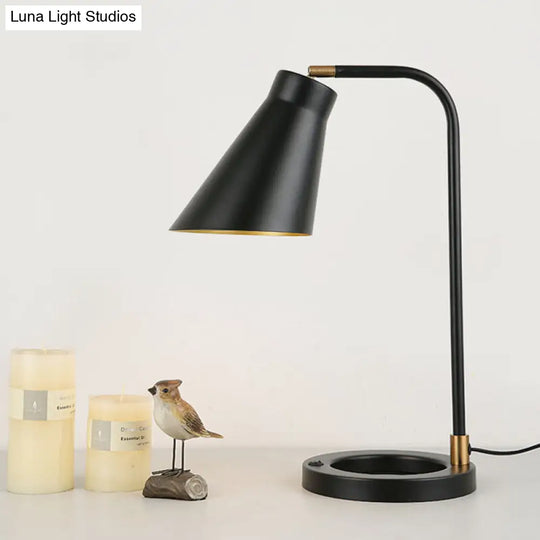 Minimalist Black Night Lamp: Angled Shade Table Light With Metal Stand And Ring Base