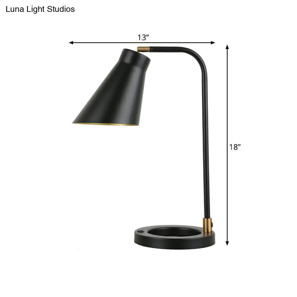 Minimalist Black Night Lamp: Angled Shade Table Light With Metal Stand And Ring Base