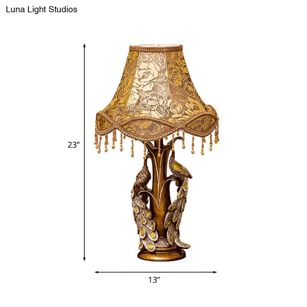 Traditional 1-Light Bedside Night Lamp With Scalloped Rose Print Fabric Peacock Decoration - Gold