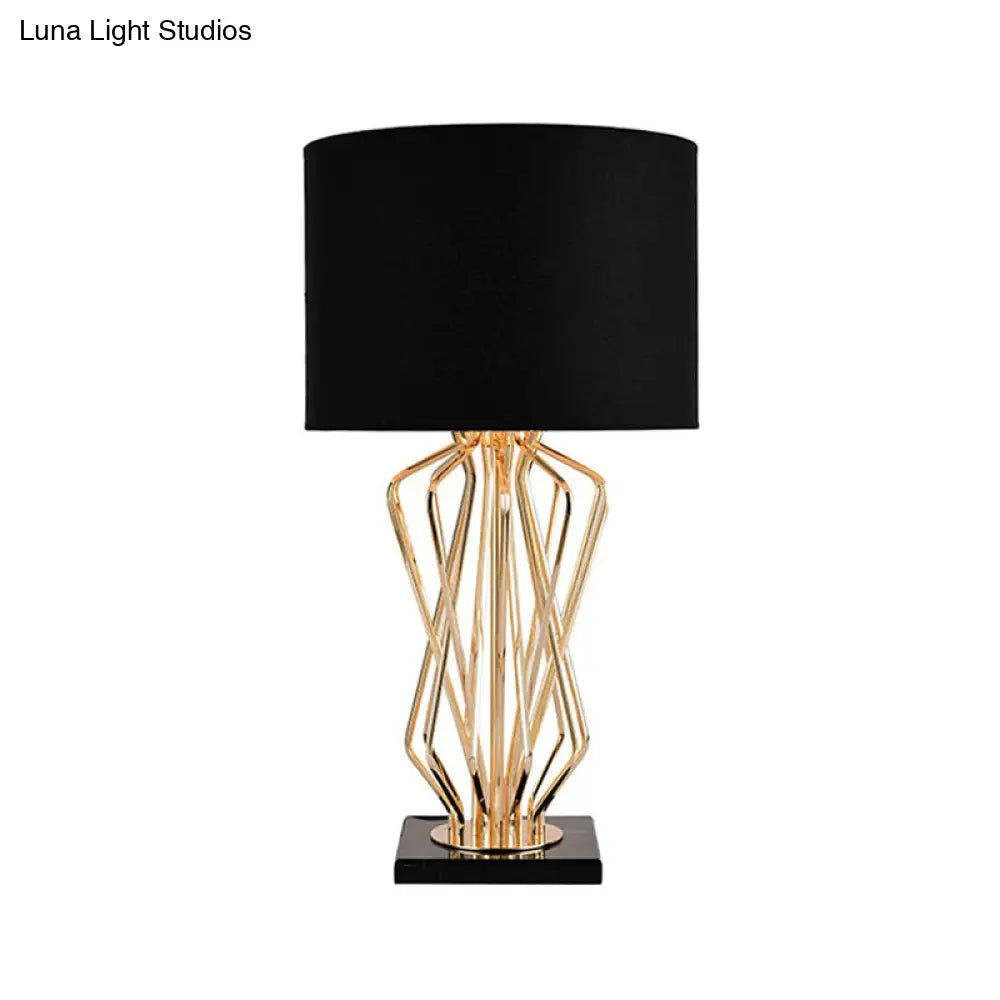 Modern Metal Table Lamp With Gold Finish Hourglass Night Light And Black/White Cylinder Fabric Shade