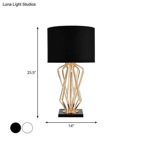 Modern Metal Table Lamp With Gold Finish Hourglass Night Light And Black/White Cylinder Fabric Shade