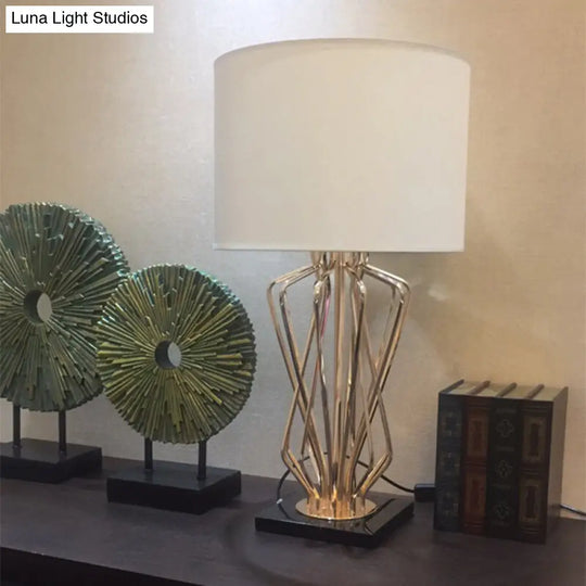 Modern Metal Table Lamp With Gold Finish Hourglass Night Light And Black/White Cylinder Fabric Shade