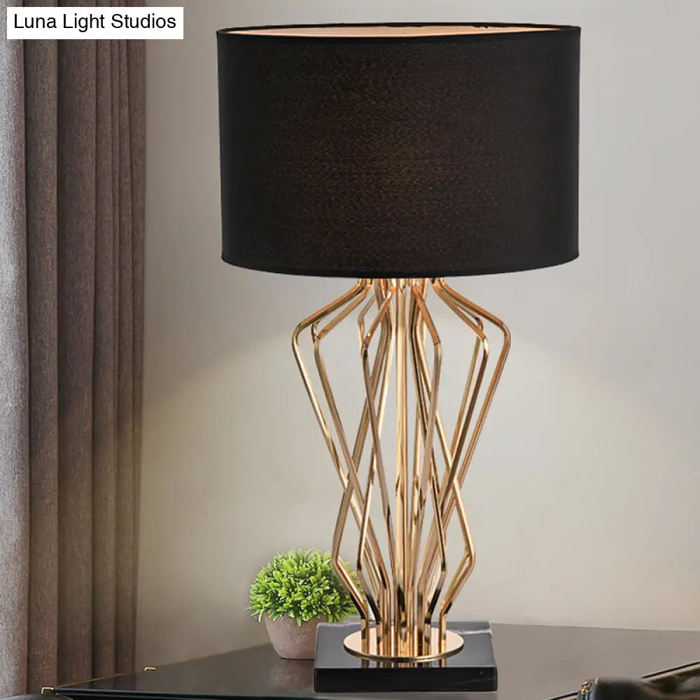 Modern Metal Table Lamp With Gold Finish Hourglass Night Light And Black/White Cylinder Fabric Shade