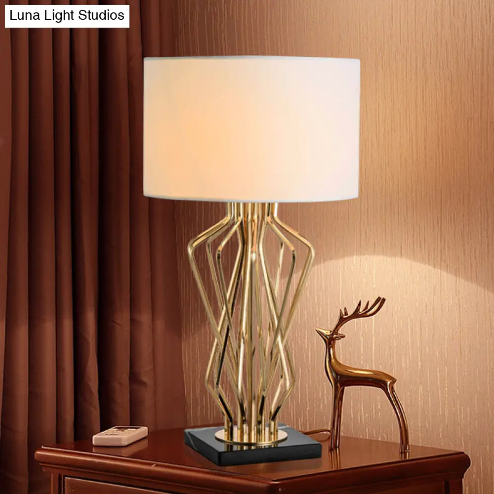 Modern Metal Table Lamp With Gold Finish Hourglass Night Light And Black/White Cylinder Fabric Shade