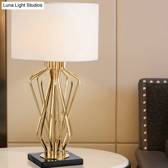 Modern Metal Table Lamp With Gold Finish Hourglass Night Light And Black/White Cylinder Fabric Shade