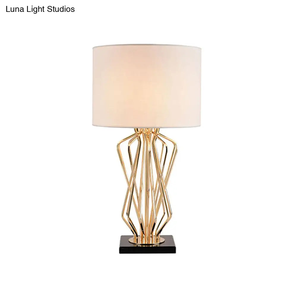 Modern Metal Table Lamp With Gold Finish Hourglass Night Light And Black/White Cylinder Fabric Shade