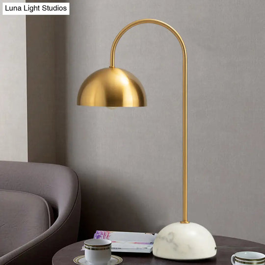 Minimalist Metallic Dome Nightstand Lamp With Curved Arm - Brass Finish