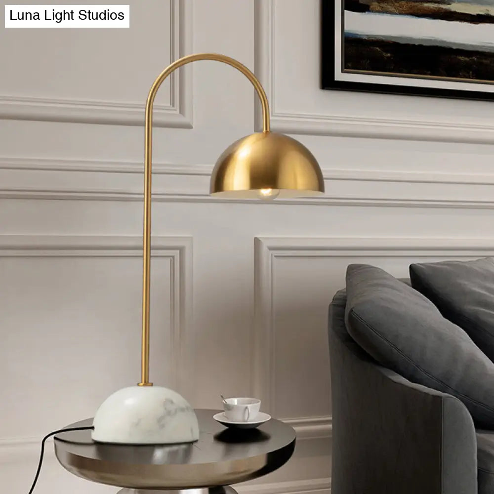 Minimalist Metallic Dome Nightstand Lamp With Curved Arm - Brass Finish