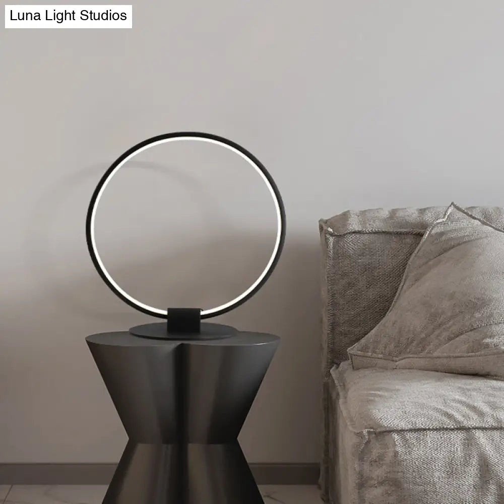 Modern Annular Metal Table Lamp With Led Lighting Black Nightlight On Slim Round Pedestal In