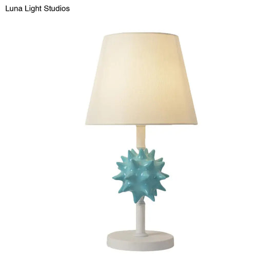 Cartoon Resin Sea Urchin Night Table Lamp With Single Bulb - Sky Blue/Gold/Dark Blue Barrel Fabric