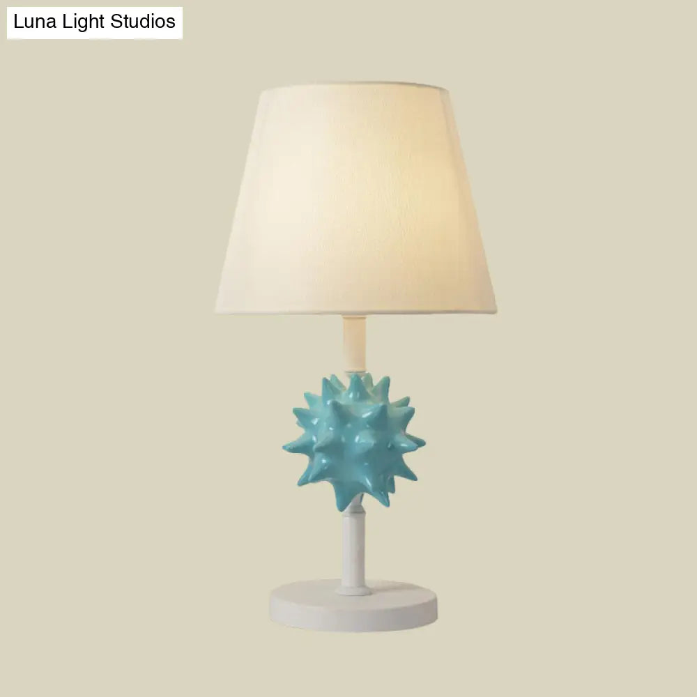 Cartoon Resin Sea Urchin Night Table Lamp With Single Bulb - Sky Blue/Gold/Dark Blue Barrel Fabric