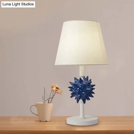 Cartoon Resin Sea Urchin Night Table Lamp With Single Bulb - Sky Blue/Gold/Dark Blue Barrel Fabric