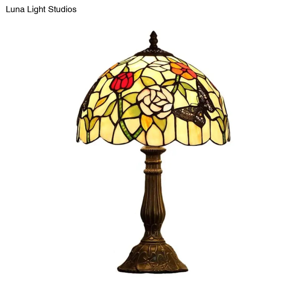 Tiffany Stained Glass Butterfly And Flower Table Lamp - Bronze Nightstand Light