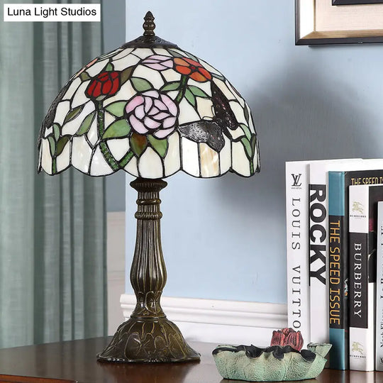 Tiffany Stained Glass Butterfly And Flower Table Lamp - Bronze Nightstand Light