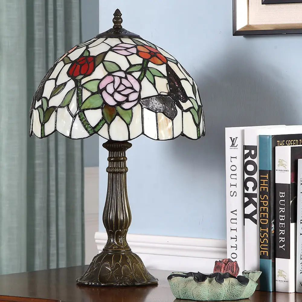 Nora - Tiffany Stained Glass Butterfly And Flowerbud Table Lamp Single-Bulb Bronze