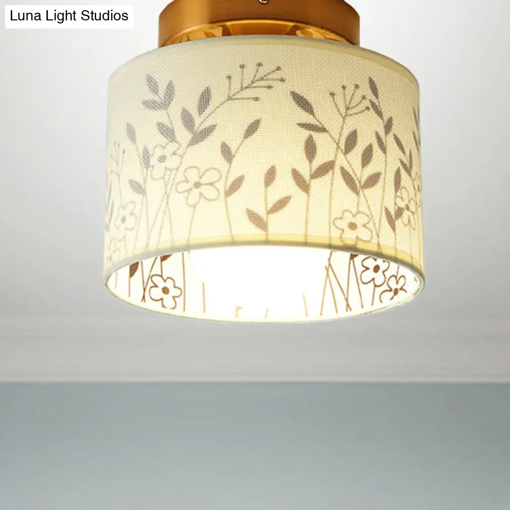 Nordic 1-Bulb Fabric Cylinder Flush Mount Light With Flower/Deer Pattern For Foyer