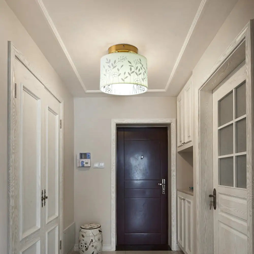 Nordic 1-Bulb Fabric Cylinder Flush Mount Light With Flower/Deer Pattern For Foyer White / Flower