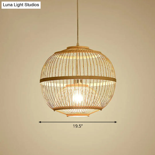 Nordic Bamboo Pendant Lamp - Wood Rounded Cage Suspension Light For Dining Room / 19.5