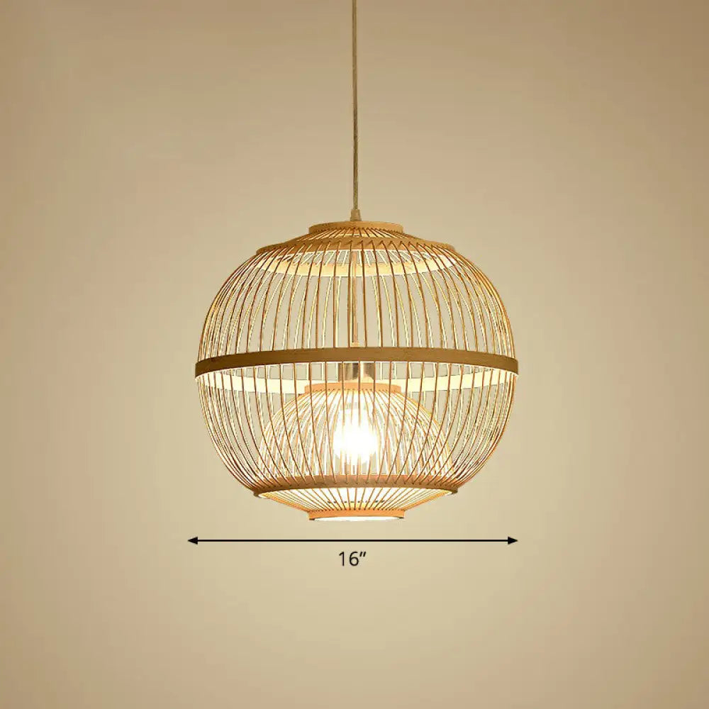 Nordic 1-Head Bamboo Pendant Lamp - Wood Cage Suspension Light For Dining Room / 16’