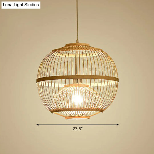 Nordic Bamboo Pendant Lamp - Wood Rounded Cage Suspension Light For Dining Room / 23.5