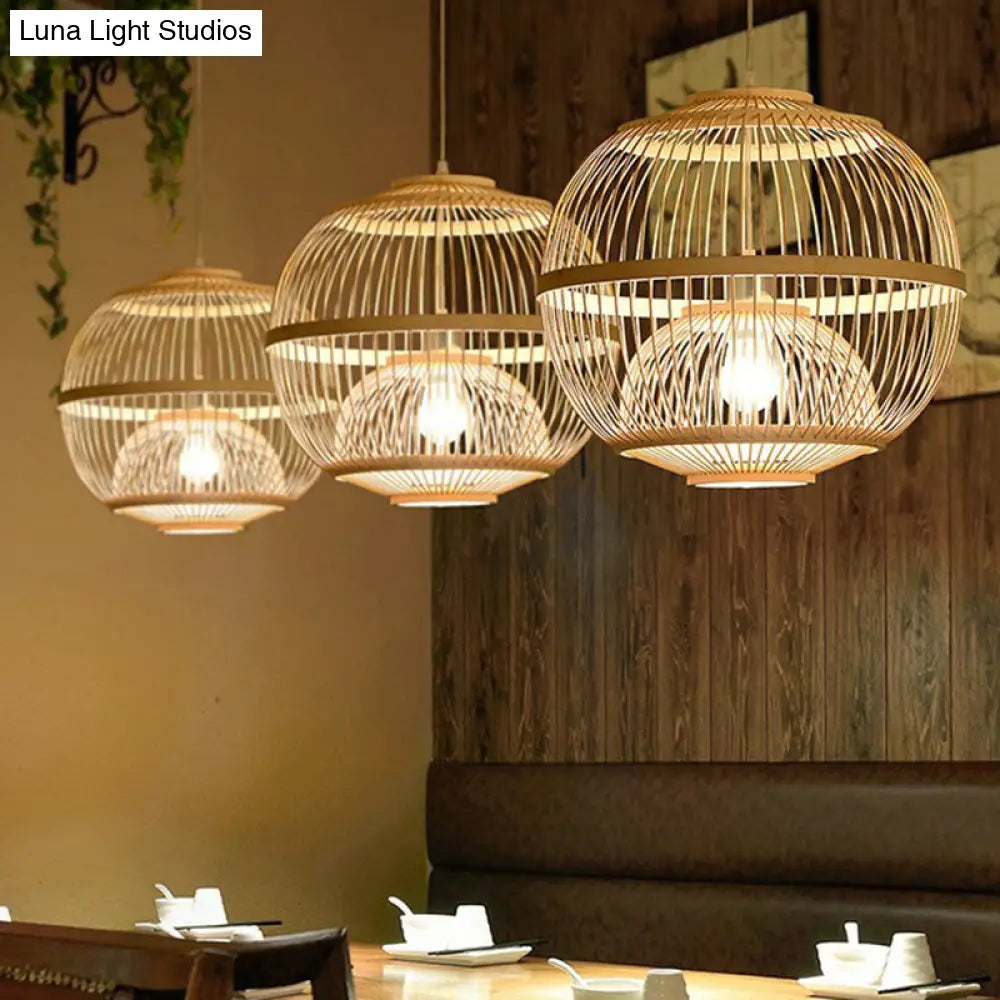 Nordic 1-Head Bamboo Pendant Lamp - Wood Cage Suspension Light For Dining Room