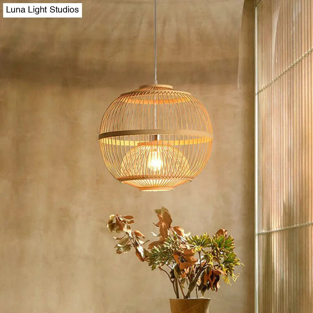 Nordic Bamboo Pendant Lamp - Wood Rounded Cage Suspension Light For Dining Room