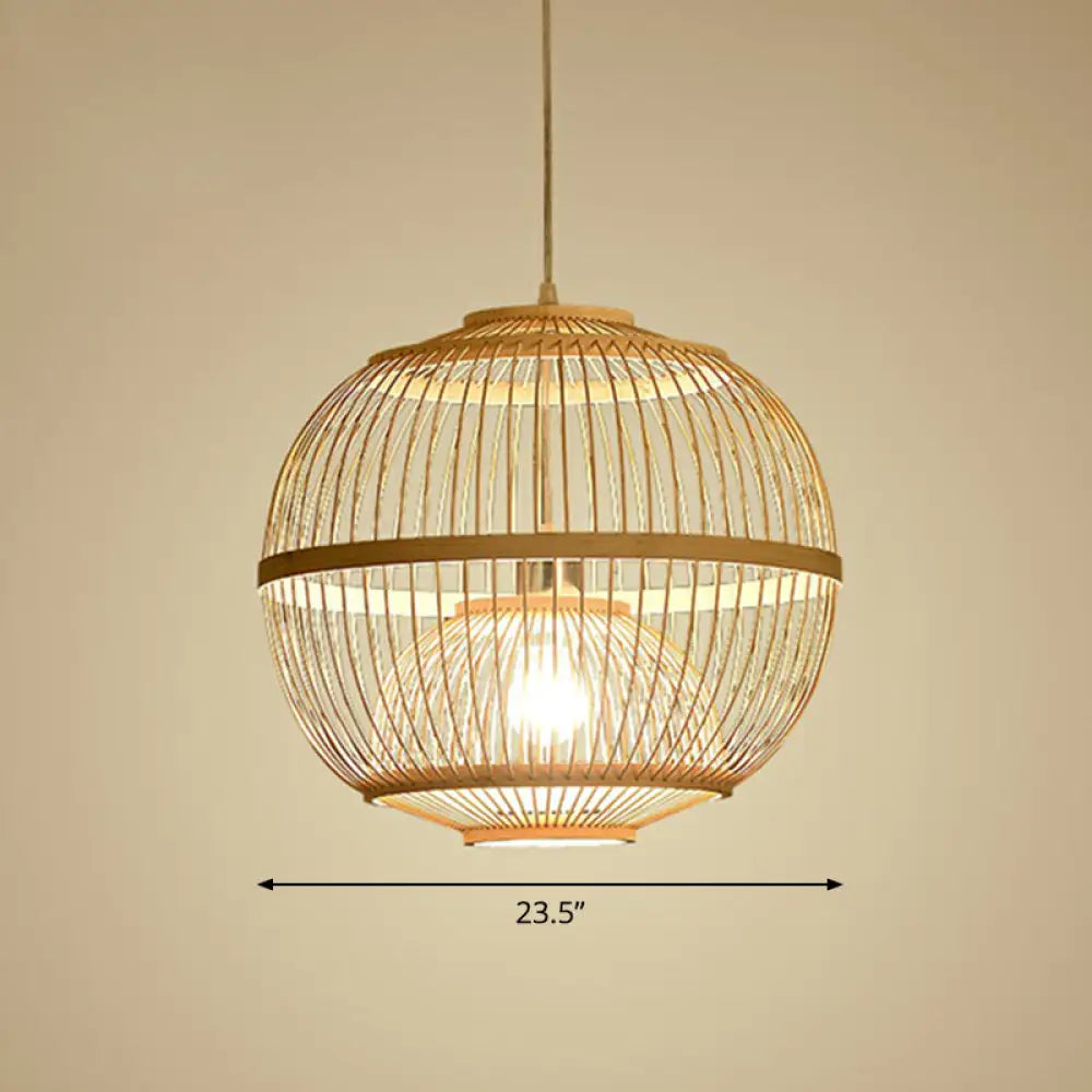 Nordic 1-Head Bamboo Pendant Lamp - Wood Cage Suspension Light For Dining Room / 23.5’