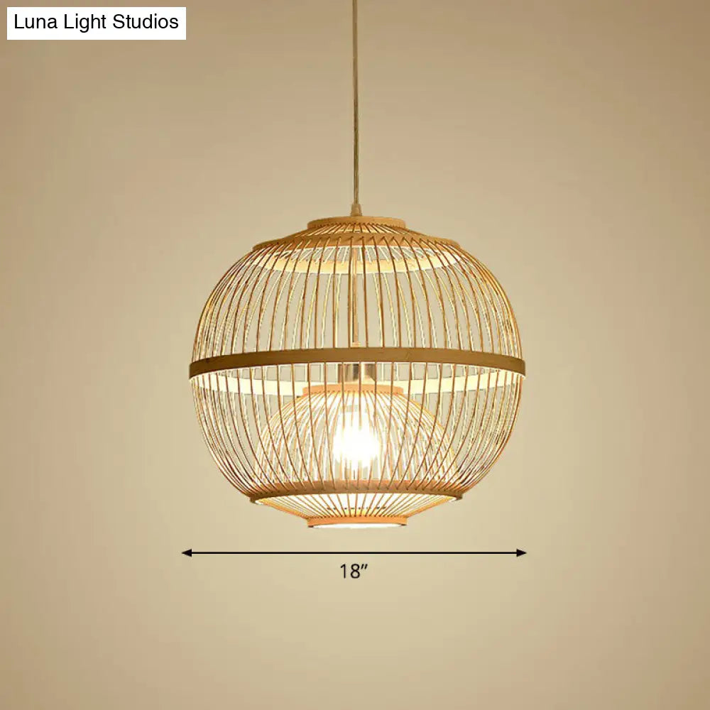 Nordic Bamboo Pendant Lamp - Wood Rounded Cage Suspension Light For Dining Room / 18