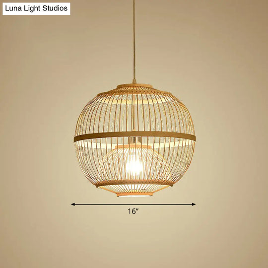 Nordic Bamboo Pendant Lamp - Wood Rounded Cage Suspension Light For Dining Room / 16