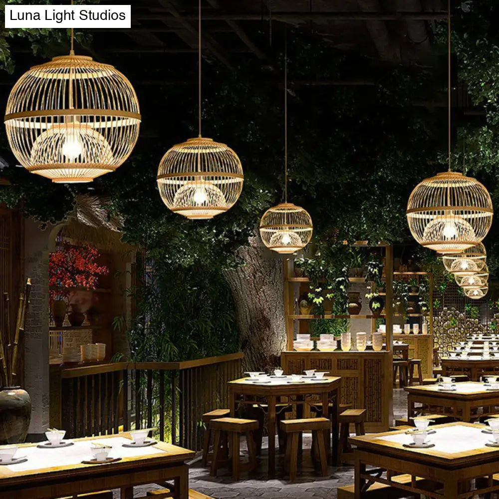 Nordic Bamboo Pendant Lamp - Wood Rounded Cage Suspension Light For Dining Room