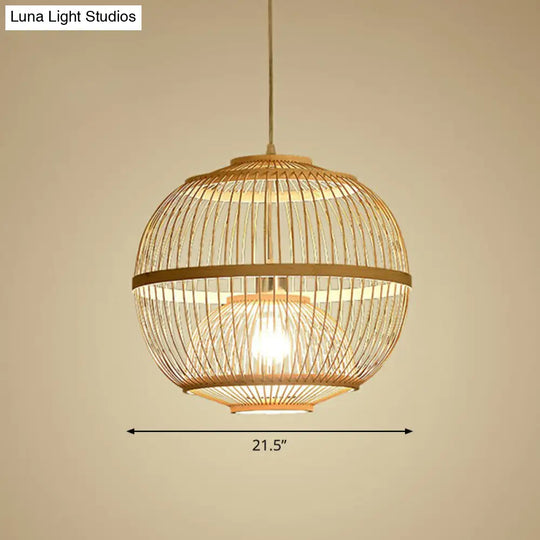 Nordic Bamboo Pendant Lamp - Wood Rounded Cage Suspension Light For Dining Room / 21.5