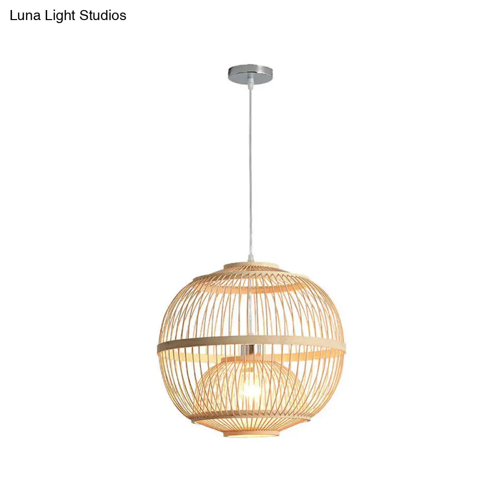 Nordic Bamboo Pendant Lamp - Wood Rounded Cage Suspension Light For Dining Room