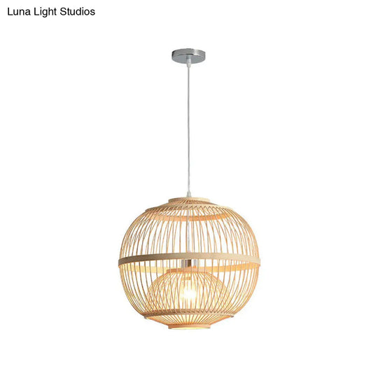 Nordic Bamboo Pendant Lamp - Wood Rounded Cage Suspension Light For Dining Room