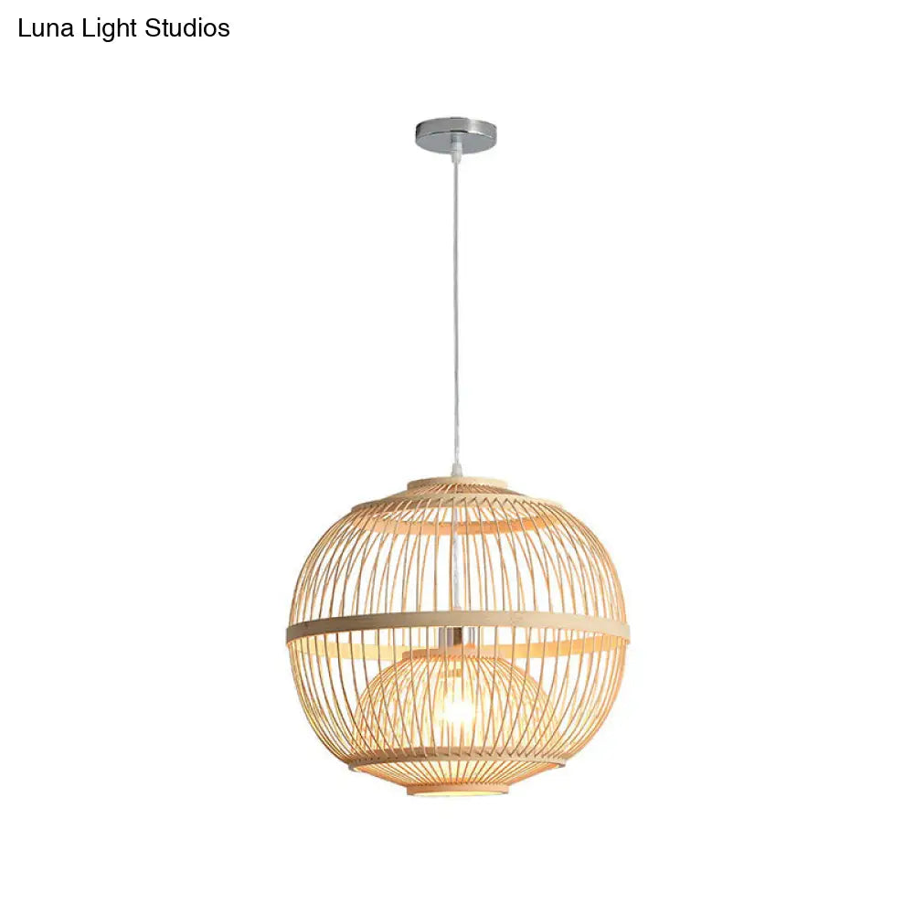 Nordic 1-Head Bamboo Pendant Lamp - Wood Cage Suspension Light For Dining Room