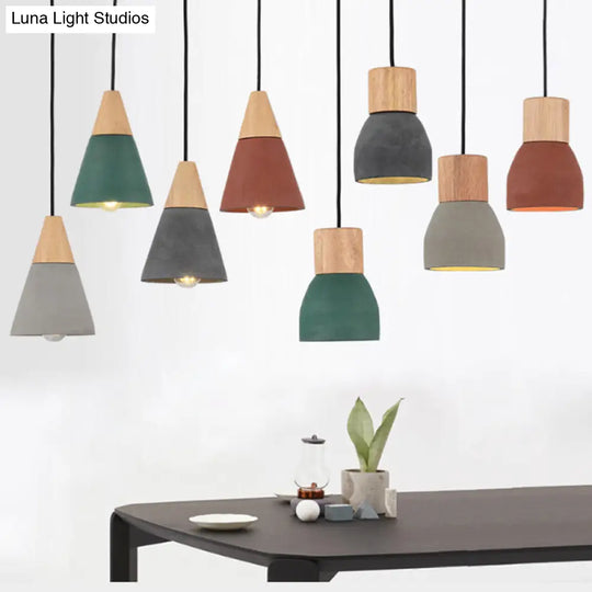 Small Nordic Cement Pendant Light With 1 Head And Wood Socket In Black/Red/Green