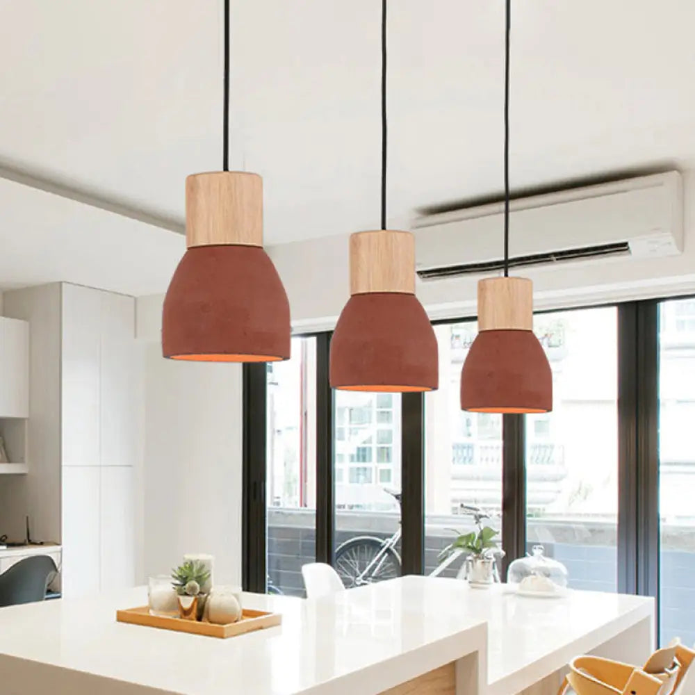 Nordic 1-Head Cement Ceiling Hang Light With Wood Socket - Small Drop Pendant Bowl In Black Red