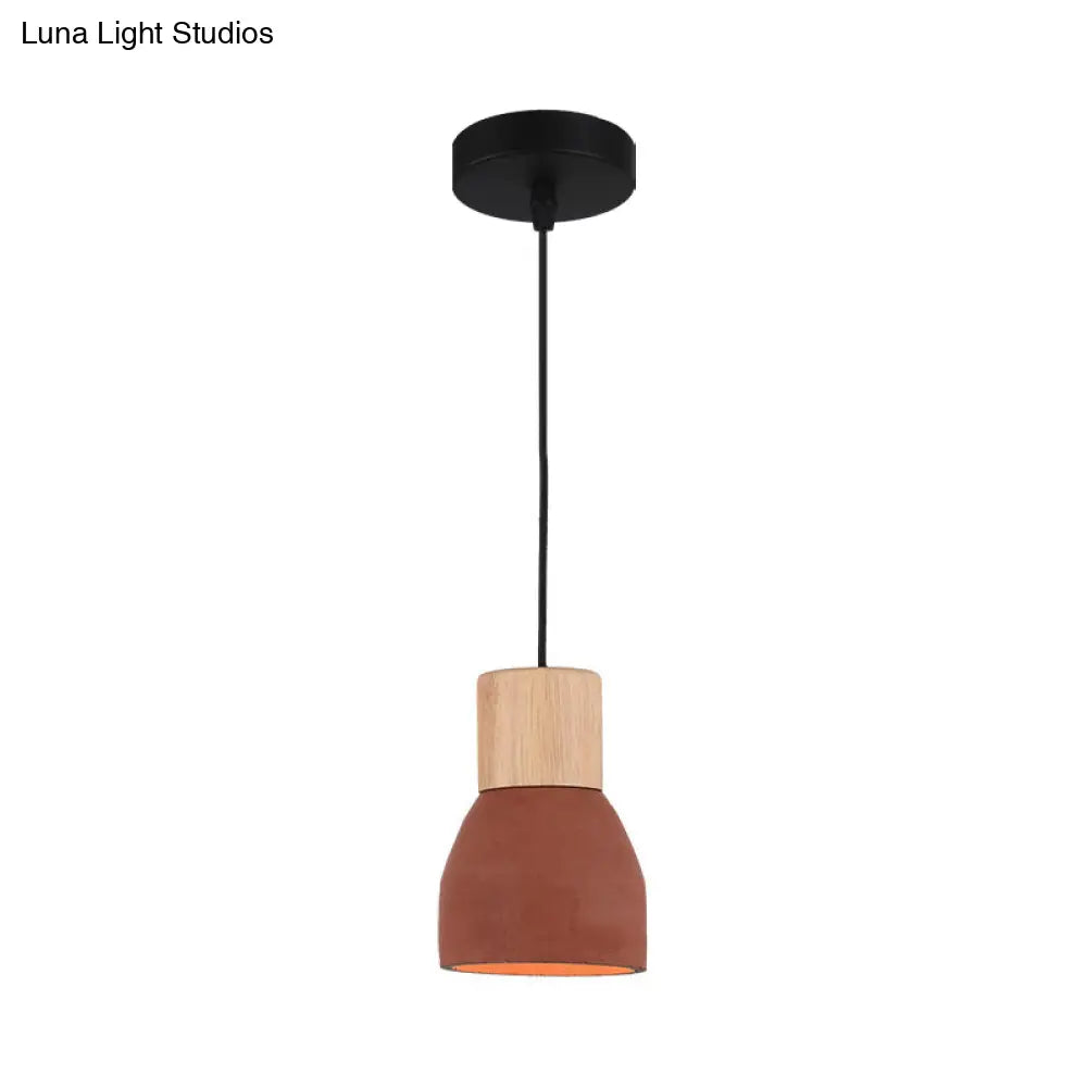 Nordic 1-Head Cement Ceiling Hang Light With Wood Socket - Small Drop Pendant Bowl In Black Red