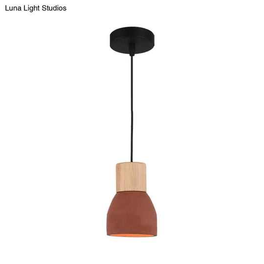 Nordic 1-Head Cement Ceiling Hang Light With Wood Socket - Small Drop Pendant Bowl In Black Red