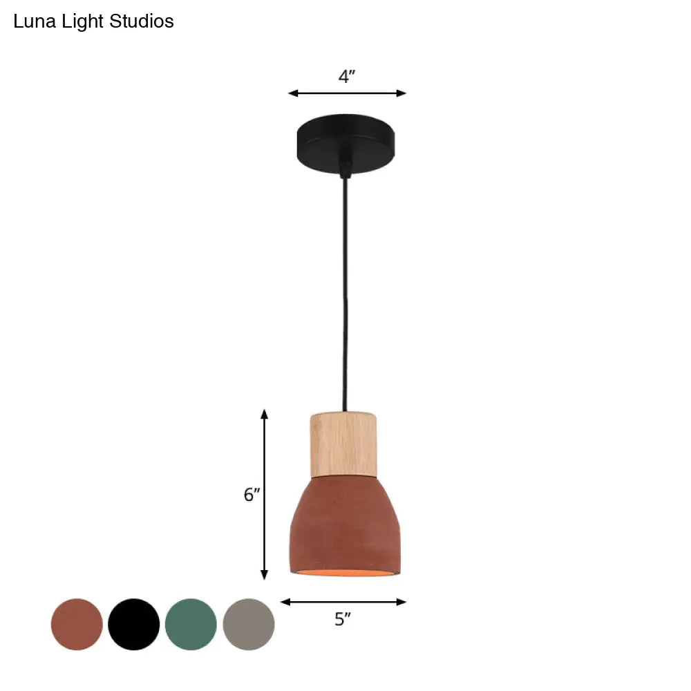 Nordic 1-Head Cement Ceiling Hang Light With Wood Socket - Small Drop Pendant Bowl In Black Red